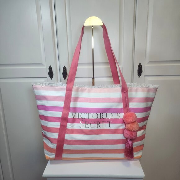 Victoria Secret Large Pink Orange Canvas Striped Beach Tote Bag - Picture 1 of 14